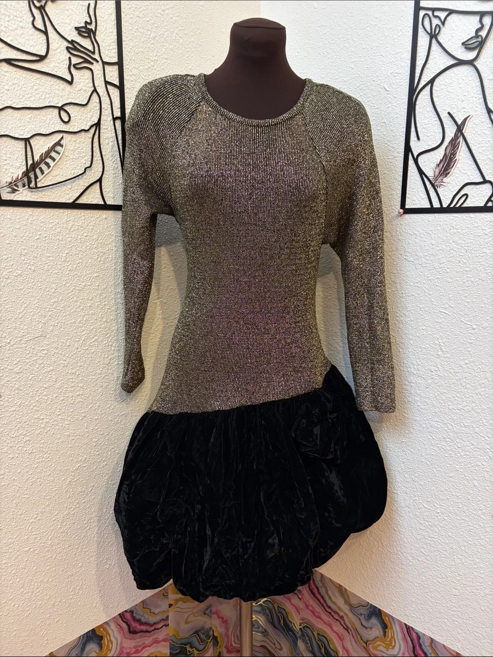 Vintage 1980’s Craig Adams Gold Knit Black Velvet Bubble Dress. Size 13/14